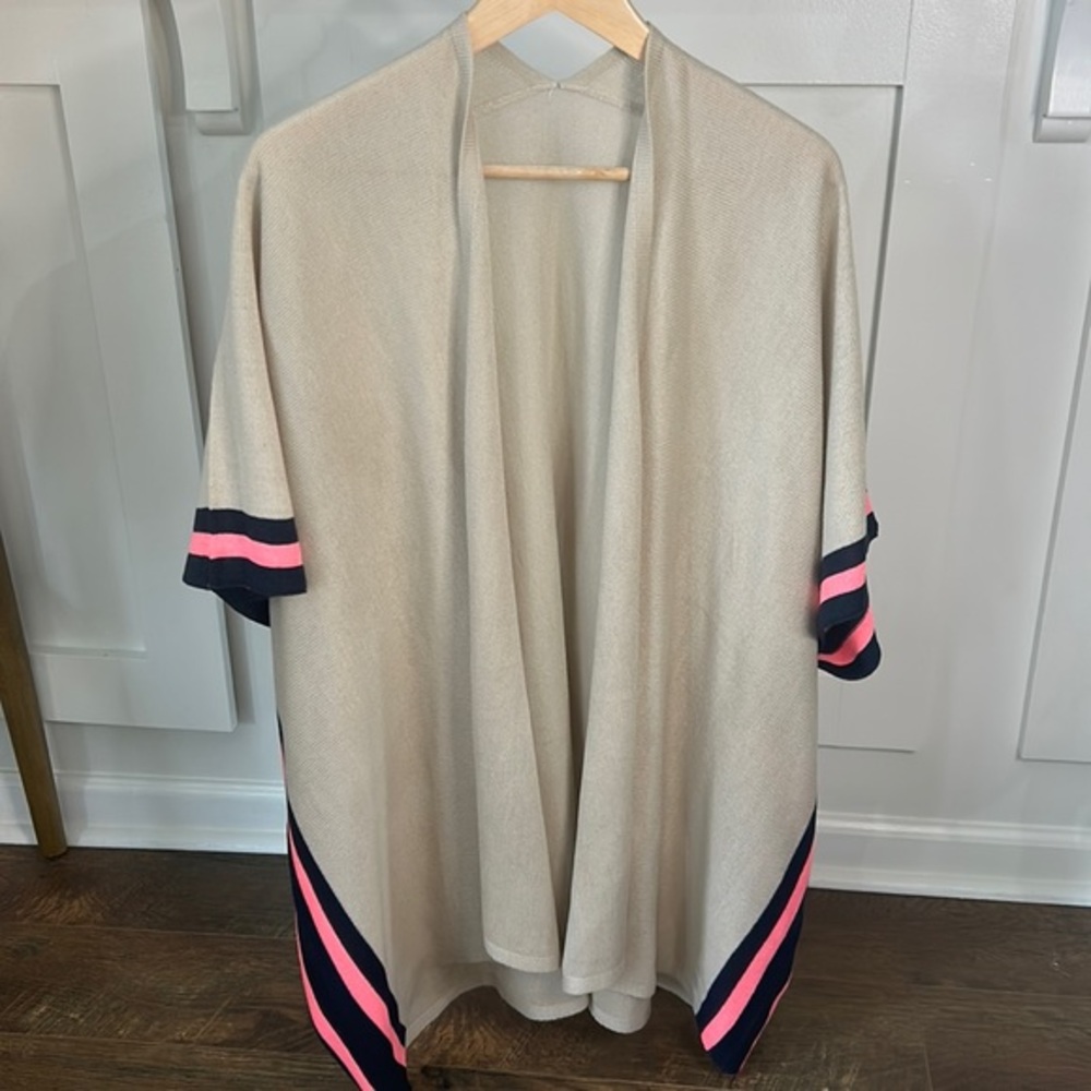 Tan Knit Open Front Poncho Wrap Navy Pink Stripe Trim One Size‎ OS